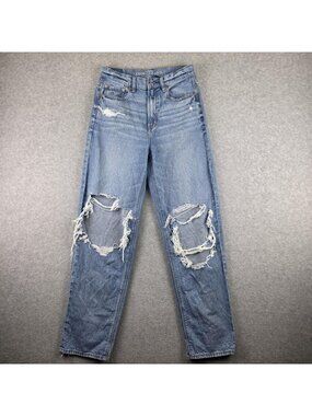 American Eagle Highest Rise Baggy Straight Jeans Womens 4 Distressed Light Wash